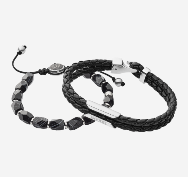 Black bracelet with a silver Diesel logo.