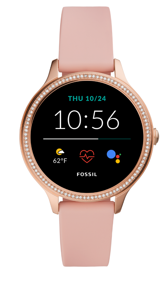 A Fossil smartwatch with a pink silicone strap.