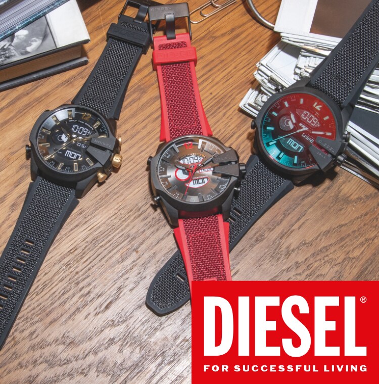 Three Diesel Mega Chief watches featuring digital dial and sporty red and black silicone strap.