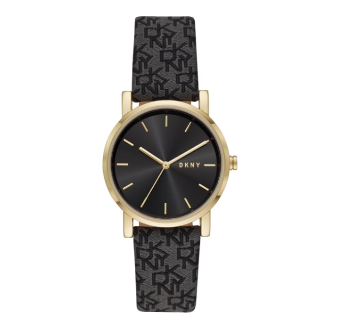 Black DKNY watch with a gold-tone case