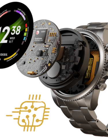 A Gen 6 smartwatch with its dial exploding to reveal its inner workings.
