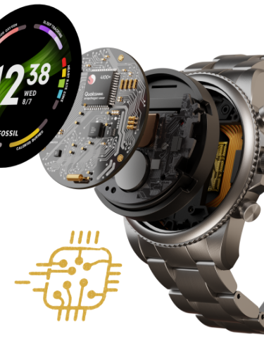 Eine Gen 6 Smartwatch mit explodierendem Zifferblatt, unter dem das Innere zum Vorschein kommt. Eine Gen 6 Smartwatch mit explodierendem Zifferblatt, unter dem das Innere zum Vorschein kommt.