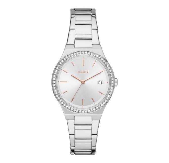 Stainless steel DKNY watch with rose gold tone hands