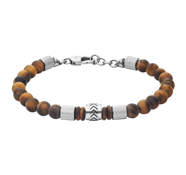 Brown and stainless beaded men's bracelet.