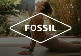 Woman doing yoga and a Fossil logo.