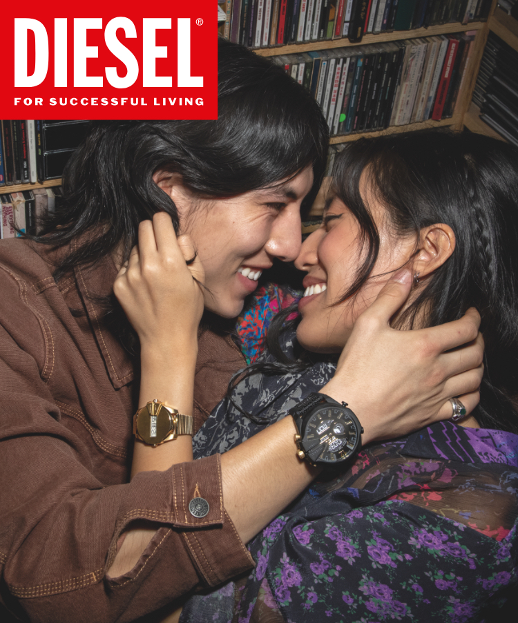 Diesel Logo and Stylish women and man in hotel lobby wearing Diesel denim outfits.
