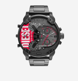 Une montre Diesel noire et rouge.