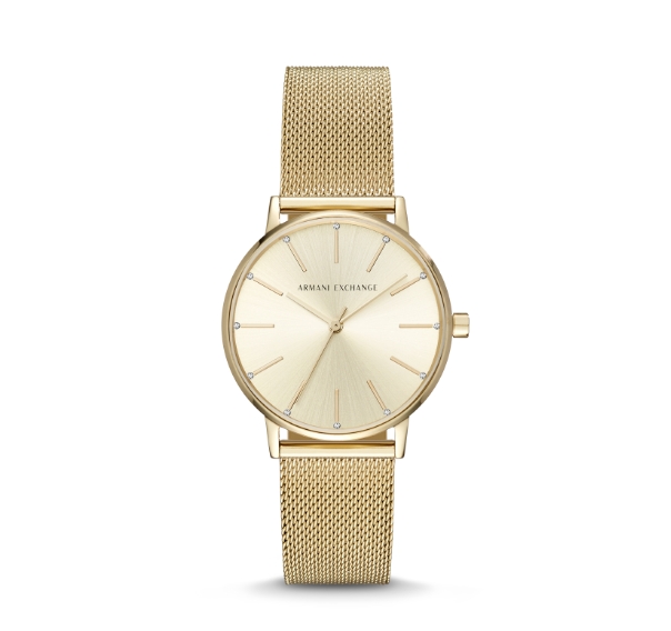 Black leather Armani Exchange ladies' watch with stainless steel bezel.