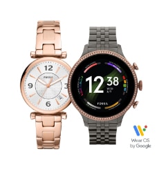 Une montre pour femmes Armani Exchange blanche avec des accents ton or rose.