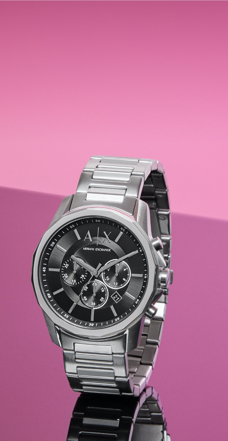 Montre A|X en acier inoxydable avec cadran noir.