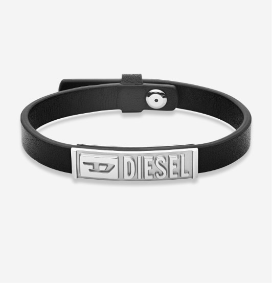 Beaded Diesel bracelet with stainless steel logo detail.