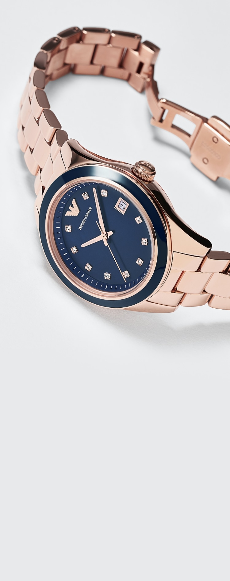 blue and rose gold Emporio Armani ladies watch