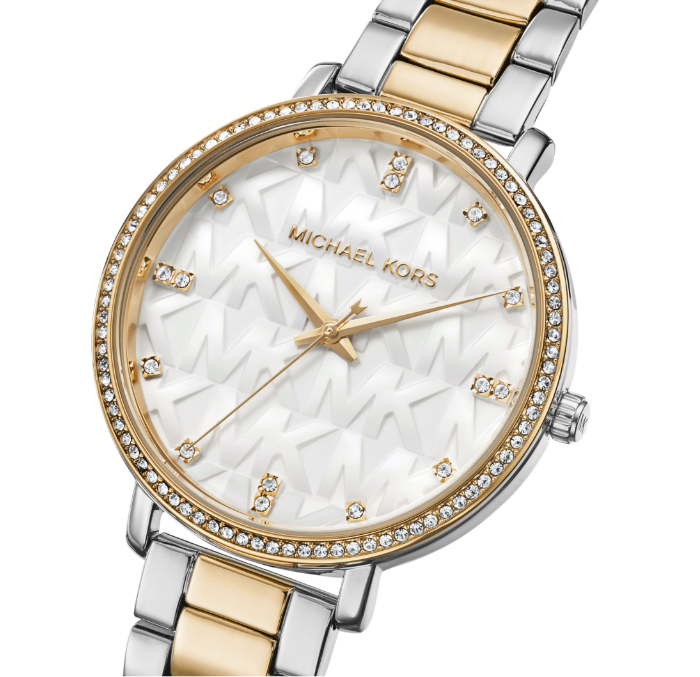 Two-tone Michael Kors watch featuring repeat logo initials atop the dial.