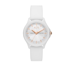 Une montre pour femmes Armani Exchange blanche avec des accents ton or rose.