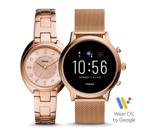 Two women's rose gold-tone traditional and smartwatch.