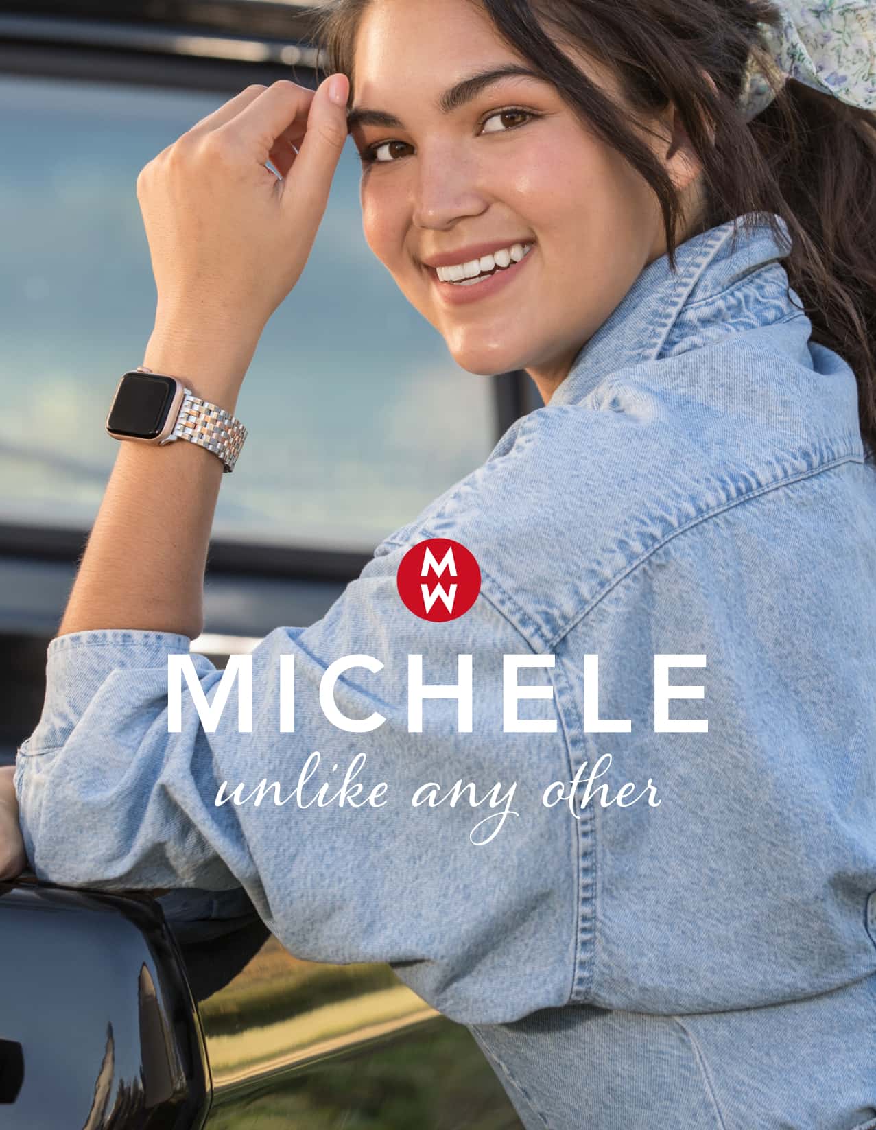 Chic woman wearing MICHELE band for Apple Watch®
