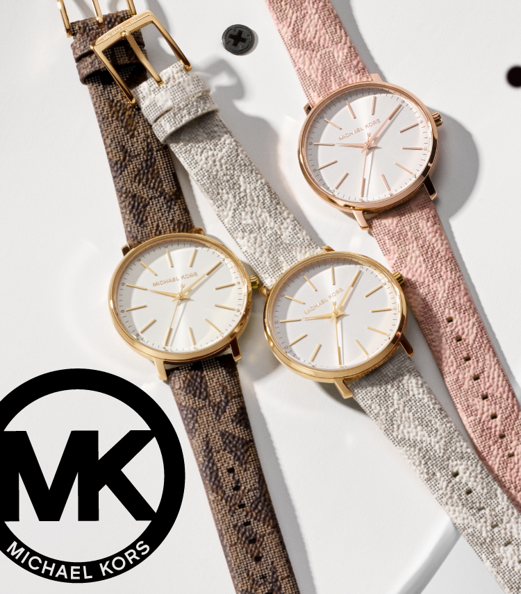 Three Michael Kors women's watches in logo-print leather straps in brown, white and pink.