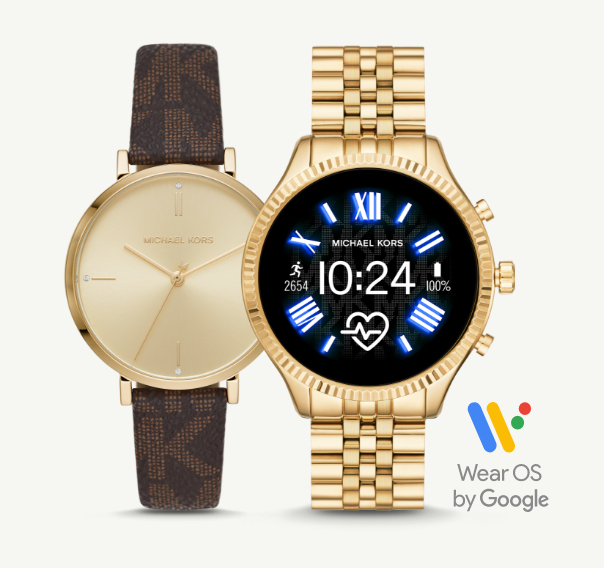 Michael Kors' women's gold-tone watch with brown leather logo strap and gold-tone smartwatch.