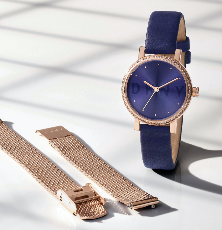 DKNY watch featuring interchangeable bracelets and toprings.