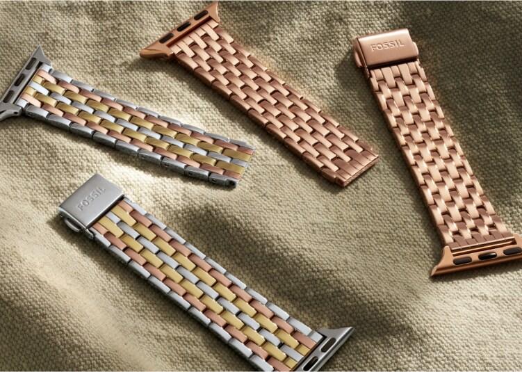 Fossil's tri-tone and rose gold-tone bracelet bands for Apple Watch®