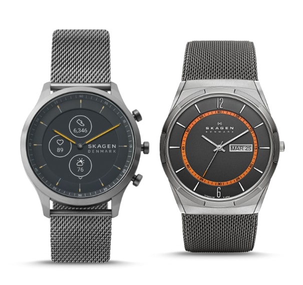 All-black and brown-leather Skagen watches for men.