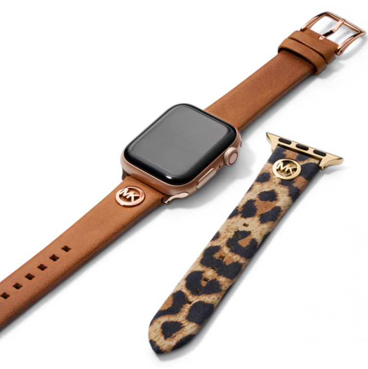 Michael Kors bands for Apple Watch® in luggage leather and leopard print.