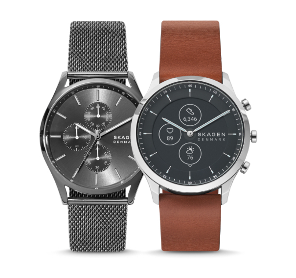 All-black and brown-leather Skagen watches for men.