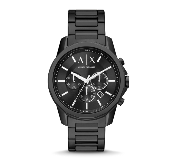Deux montres Armani Exchange entièrement noires, l’une traditionnelle et l’autre hybride.