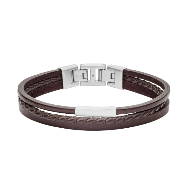 Un bracelet de perles, brunes et en acier inoxydable, pour homme.