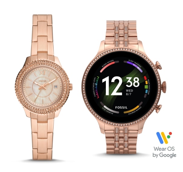 Zwei roségoldfarbene Damenuhren: eine traditionelle Uhr und eine Smartwatch.