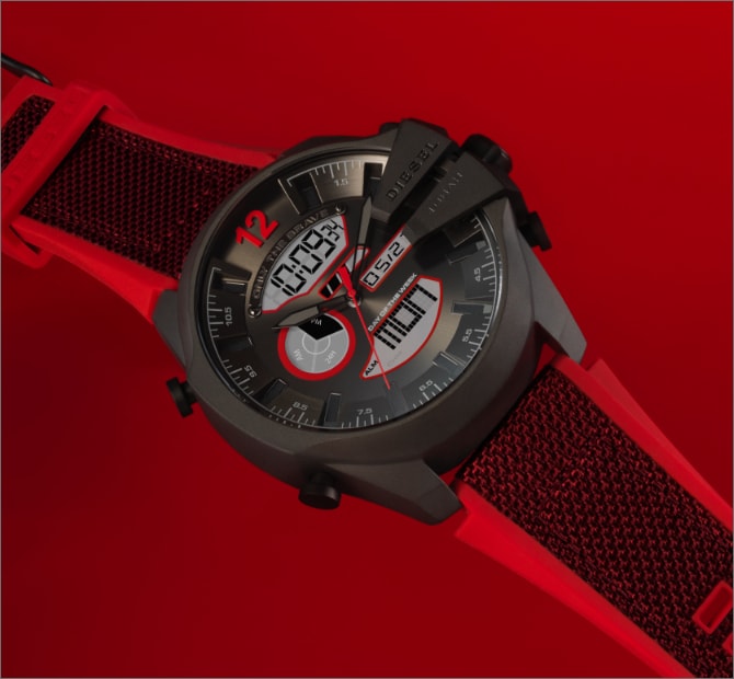 Diesel Mega Chief watch featuring digital dial and sporty red silicone strap.
