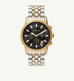 Une montre Armani Exchange noire avec un cadran ton argent.