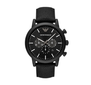 A black Armani Exchange watch with silver face.