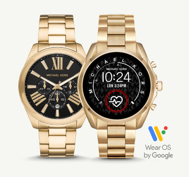 Two gold-tone Michael Kors watches with traditional and smartwatch functions.