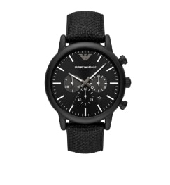 A black Armani Exchange watch with silver face.