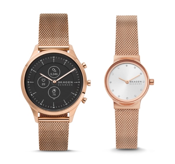 Two rose gold-tone mesh stainless steel Skagen watches for women.