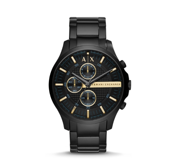 Two all-black Armani Exchange watches, one traditional, one hybrid.