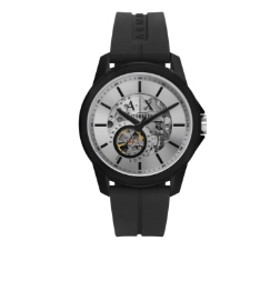 A black Armani Exchange watch with silver face.