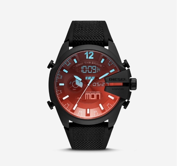 A black Diesel traditional watch and red smartwatch.