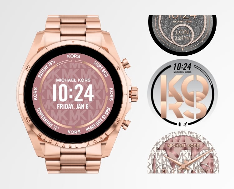 Montre connectée Gen 6 de Michael Kors en doré rose avec plusieurs options de modèle de cadran.