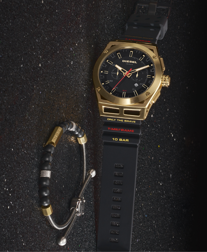 Two Diesel timeframe watches in black.
