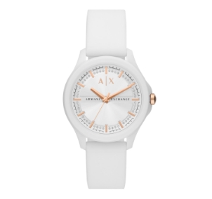 White Armani Exchange ladies' watch with rose gold accents.