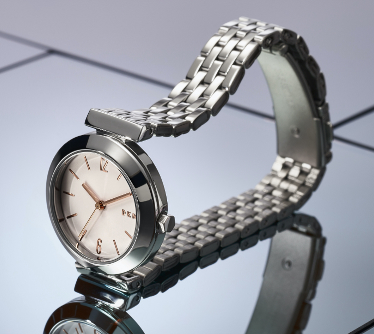 DKNY’s Parsons and Stanhope watch in silver- and rose gold-tone.