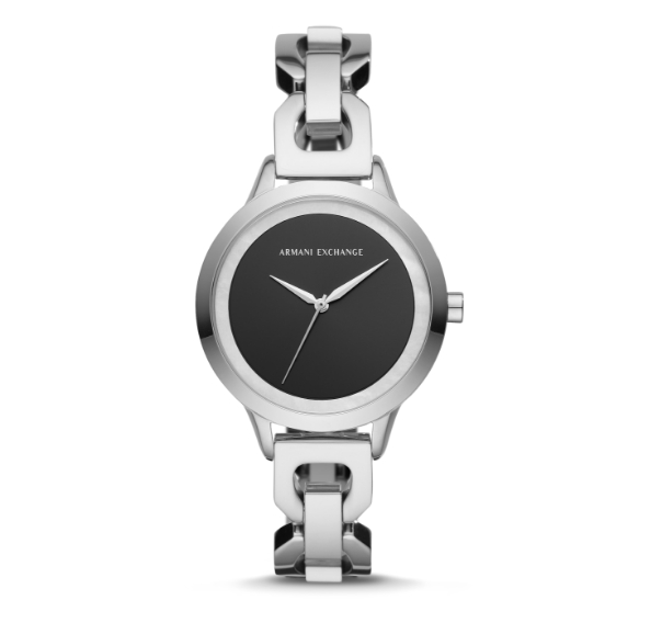 Montre Armani Exchange en cuir, noire, pour femme avec une lunette en acier inoxydable.