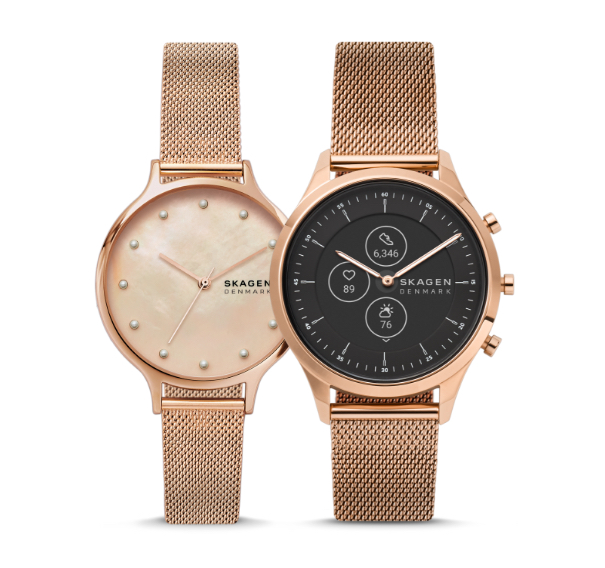 Two rose gold-tone mesh stainless steel Skagen watches for women.