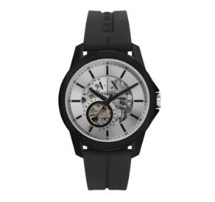 A black Armani Exchange watch with silver face.