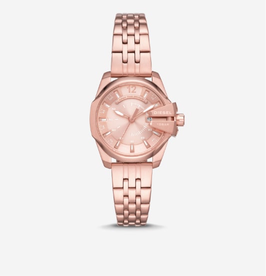 A rose gold Diesel watch for women.