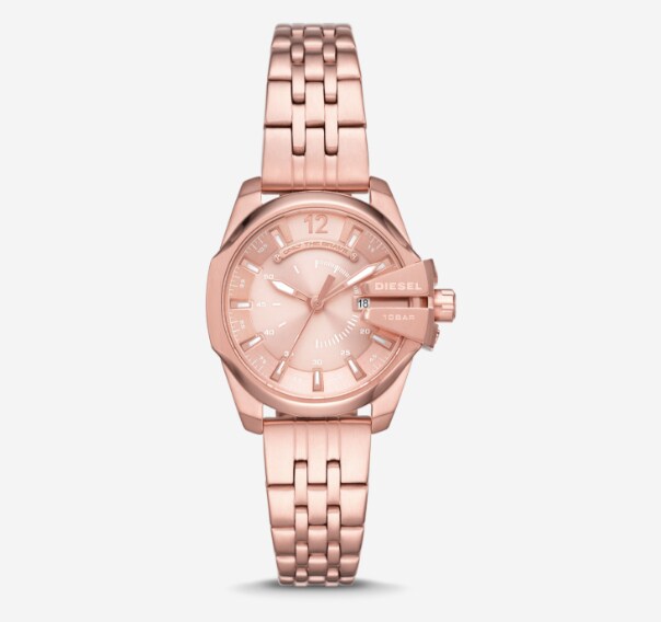A rose gold Diesel watch for women.