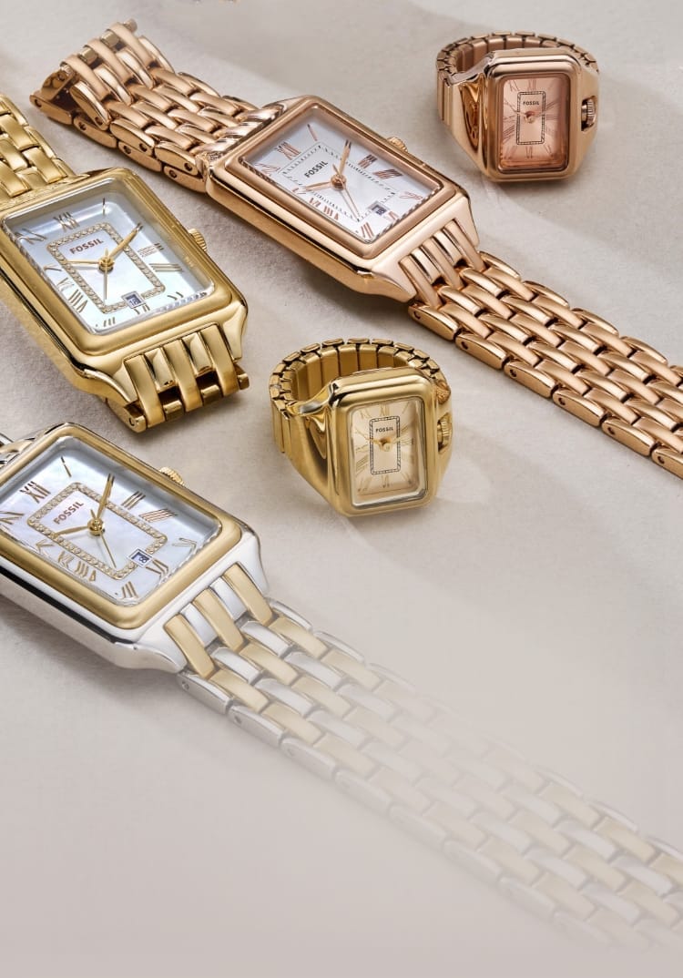 A gold-tone Raquel watch and Raquel watch ring.