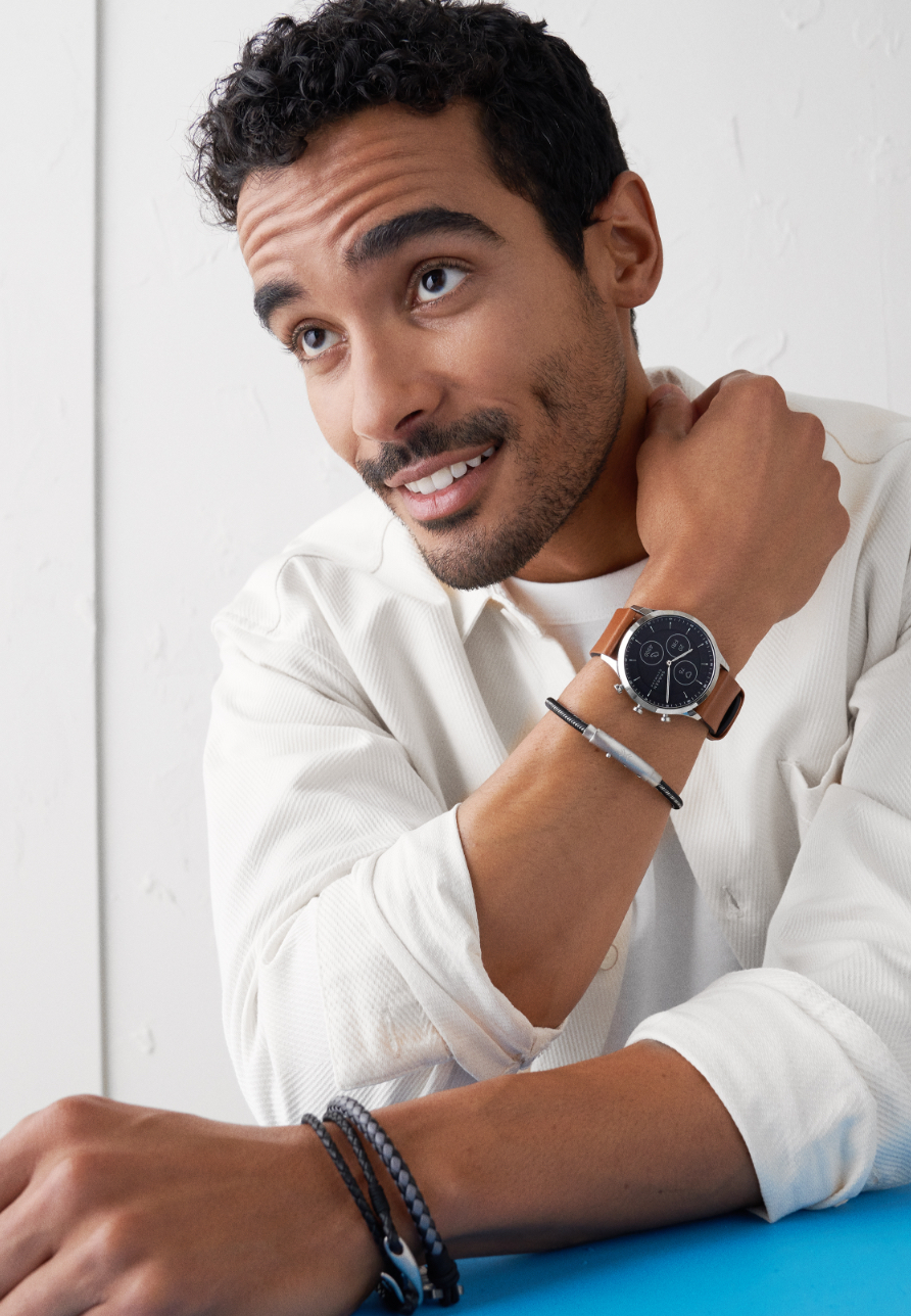 Man wearing Skagen's Hybrid HR smartwatch featuring brown leather strap.